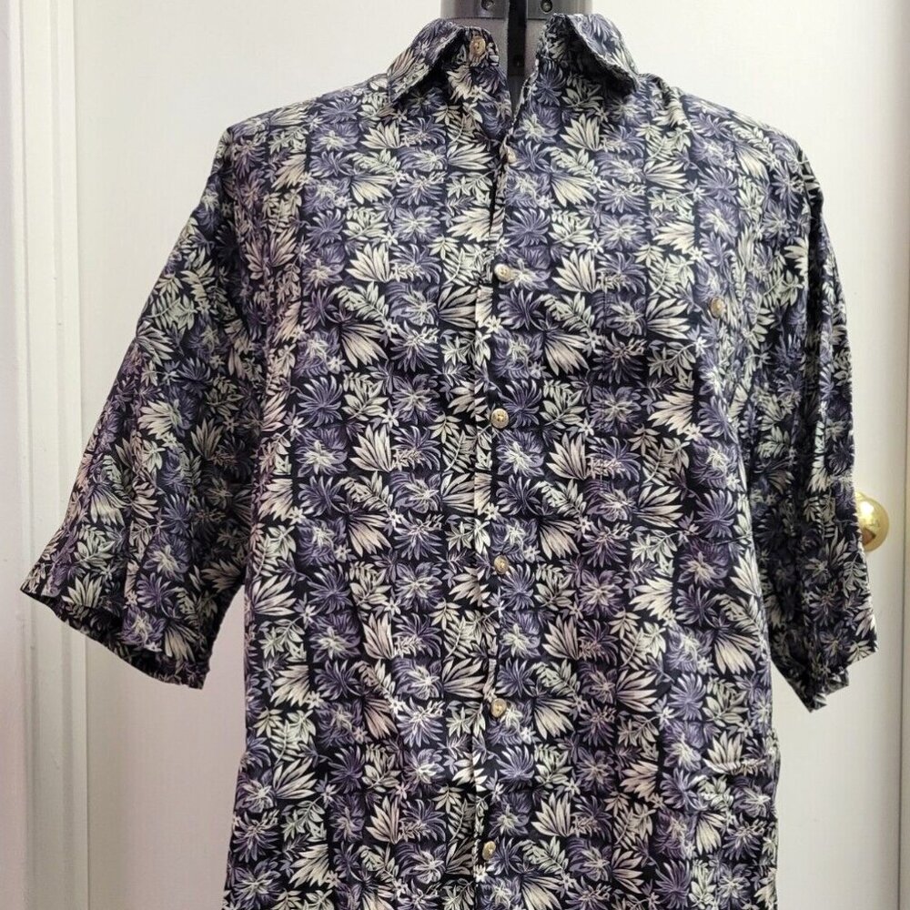 Bamboo Cay Hawaiian Shirt Size Large Blue Fern & Leaves Cotton Lawn Aloha